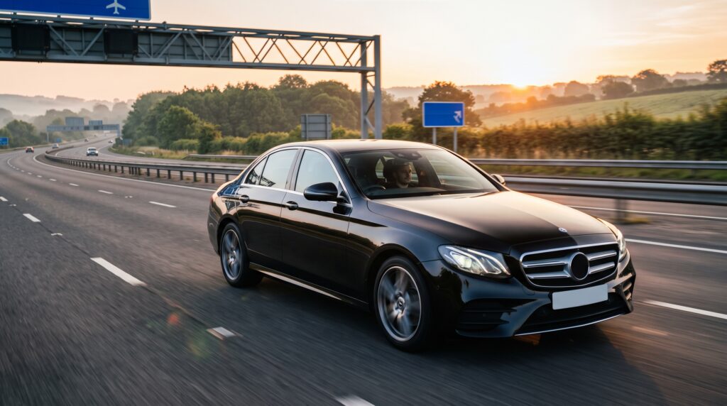 Premium black executive car driving on a UK motorway at sunrise for Travel Executive Worcester airport transfers.